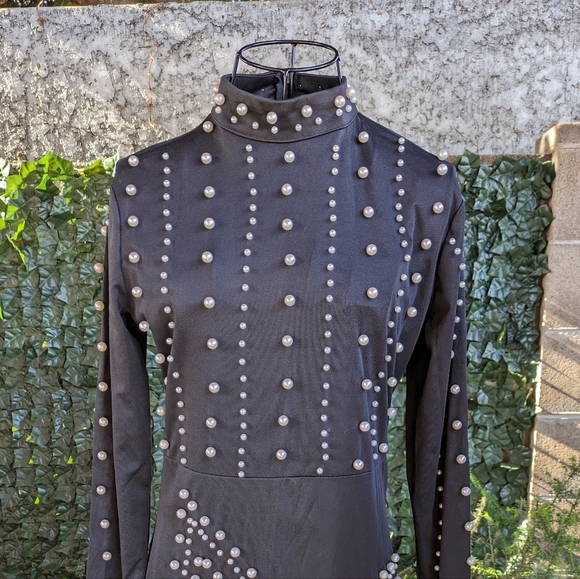 Black Mini Dress Long Sleeves with Pearls Medium - Picture 5 of 12